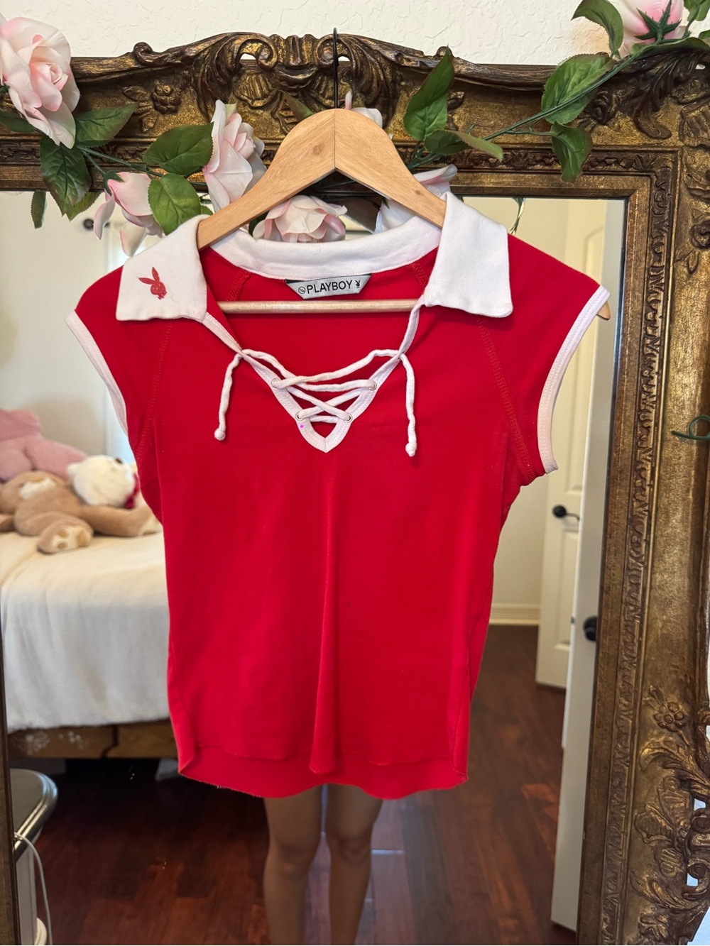PLAYBOY Red Polo Crop Top with White Collar and Lace-Up Front vintage